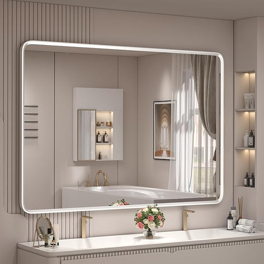 44x30 Inch Silver Framed Mirror, Brushed Nickel, Rounded Rectangle Mirror by GOLOMO