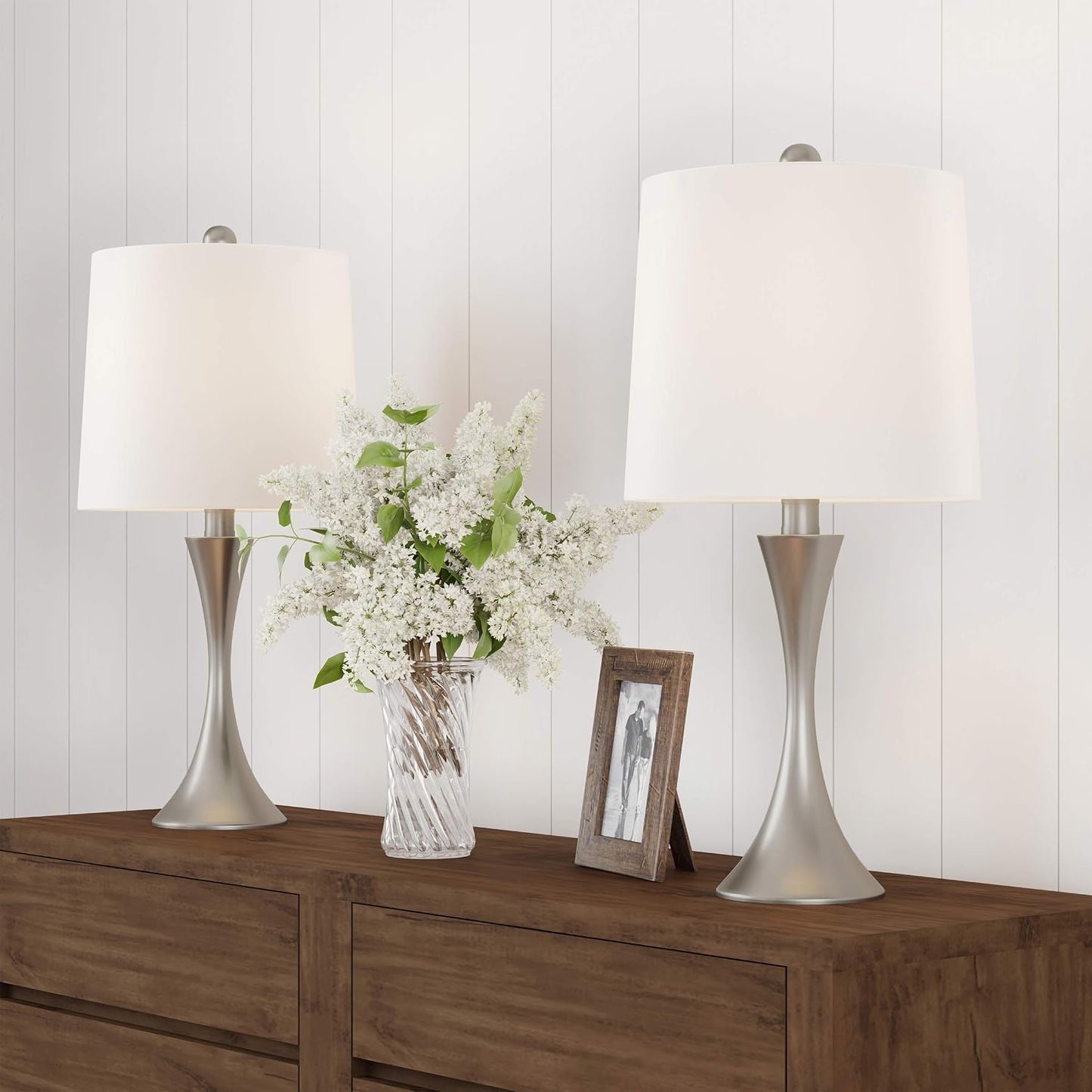 Table Lamps - Set of 2 Mid-Century Modern Lights with Metal Flared Trumpet Base - Includes Energy Efficient LED Light Bulbs by Lavish Home (Silver)