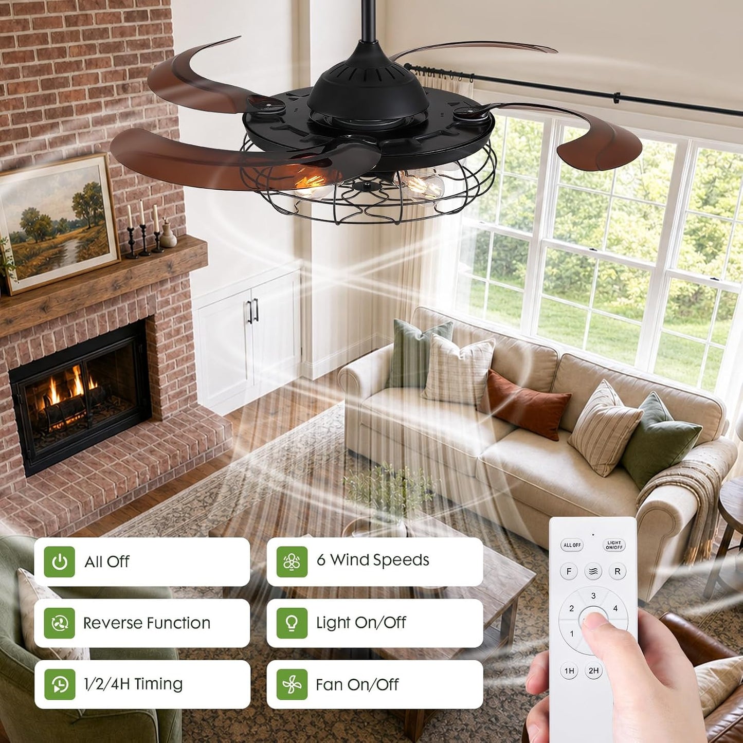 48" Rustic Ceiling Fan with Lights and Remote, Industrial Fandelier Ceiling Fan Black Retractable Invisible Ceiling Fan for Farmhouse Living Room Dining Room Bedroom Kitchen Garage