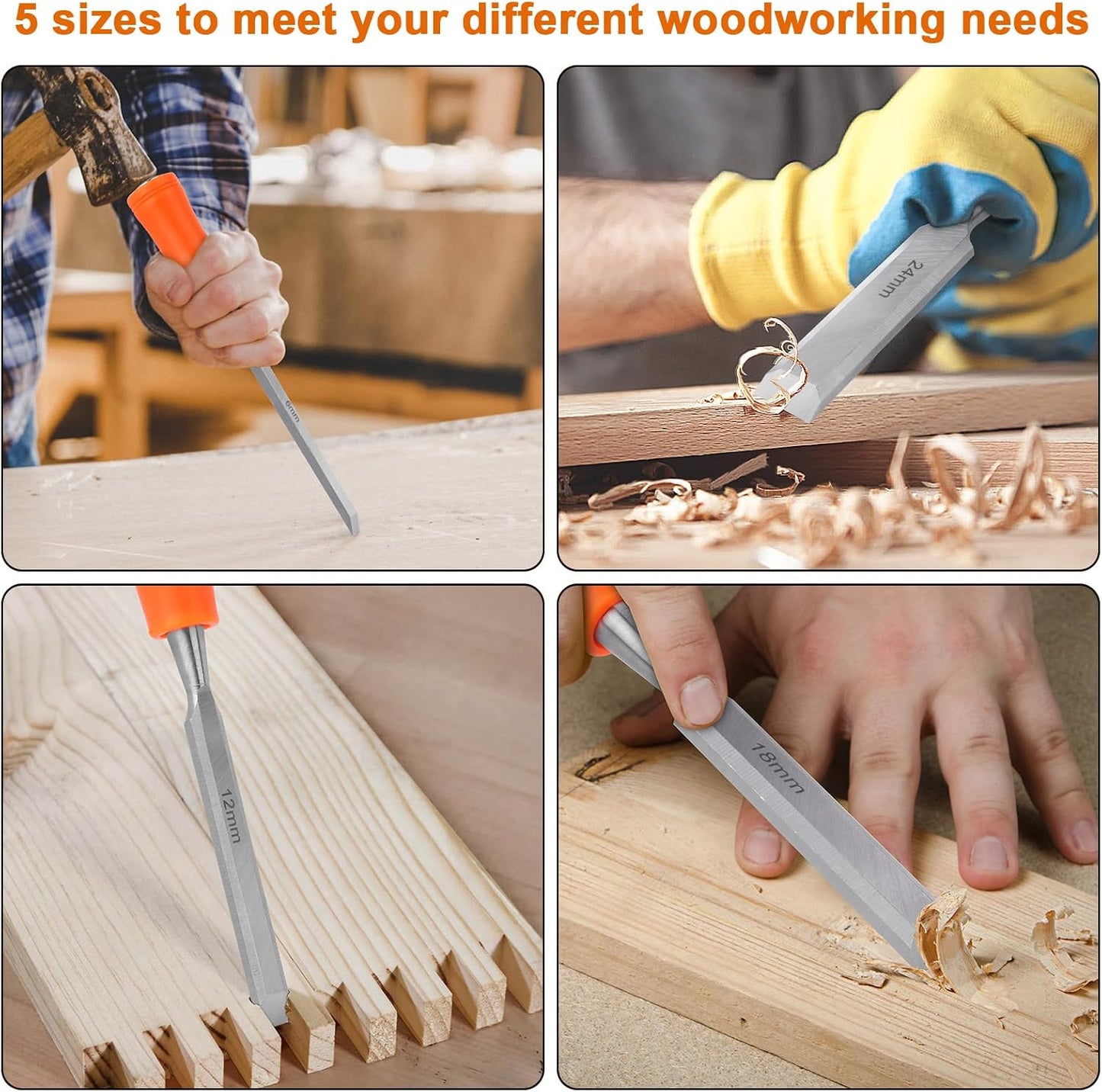 5 Piece Wood Chisel Sets Woodworking Tools Set, Wood Chisels for Woodworking with Steel Hammer End, Wood Tools Chisel Set Woodworking with Ergonomic Plastic Handle, 6mm, 12mm, 18mm, 24mm, 32mm