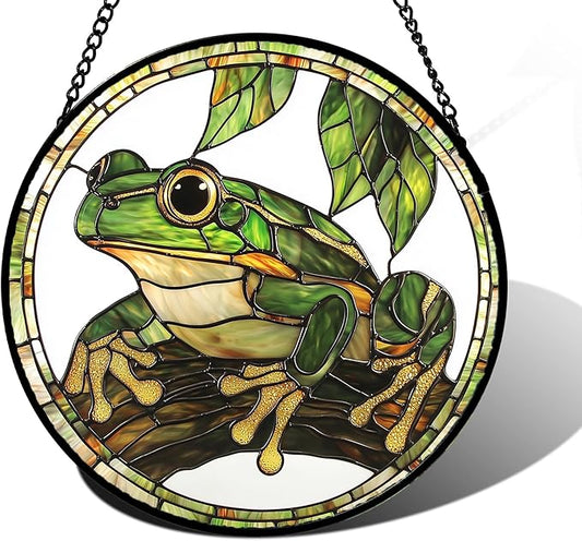 DASTOLL Stained Glass Window Hanging, Frog Green Leaf Sun Catchers Colorful by DASTOLL
