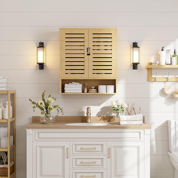 SMIBUY Bathroom Cabinet Wall Mounted, Bamboo Over-The-Toilet Storage Organizer - Image 4