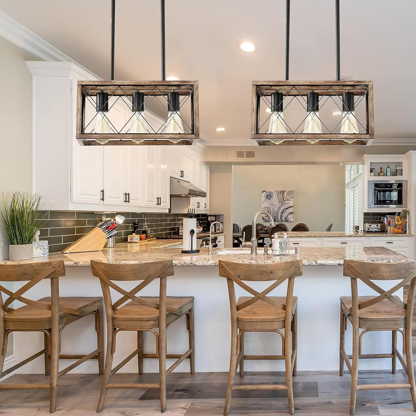 Farmhouse Light Fixtures,3-Light Dining Room Light Fixture,Industrial Metal Kitchen Pendant Lighting Over Island, Chandelier for Dining Table Kitchen Sink, Wood Grain Finish.