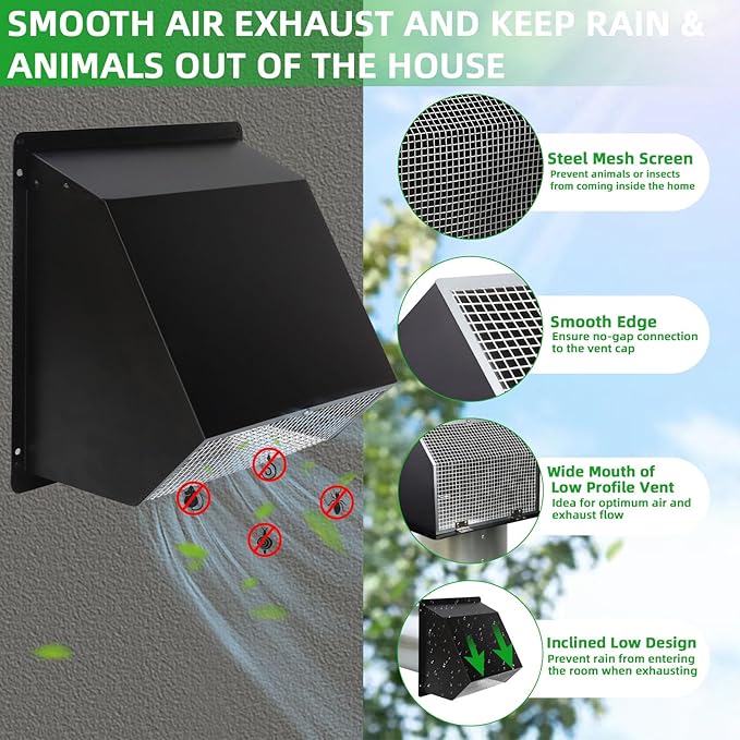 7Inch Wall Vent with Screen and Damper, Galvanized Steel Hooded Wall Vent Cover - Image 3