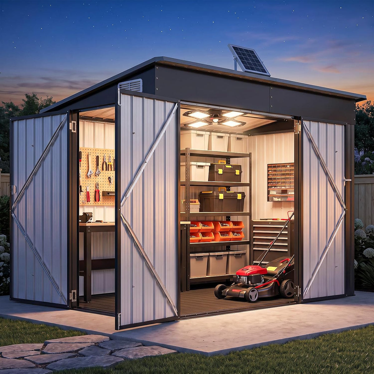 aoxun 7.5'x4' outdoor storage shed with 3 doors, main product view