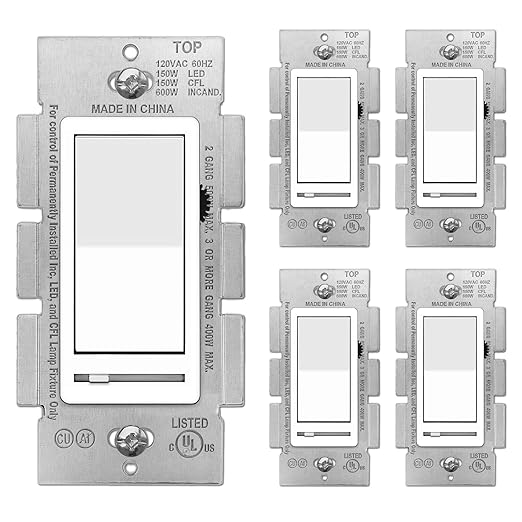 BESTTEN 5 Pack Dimmer Light Switch, Single Pole or 3-Way, Compatible by BESTTEN