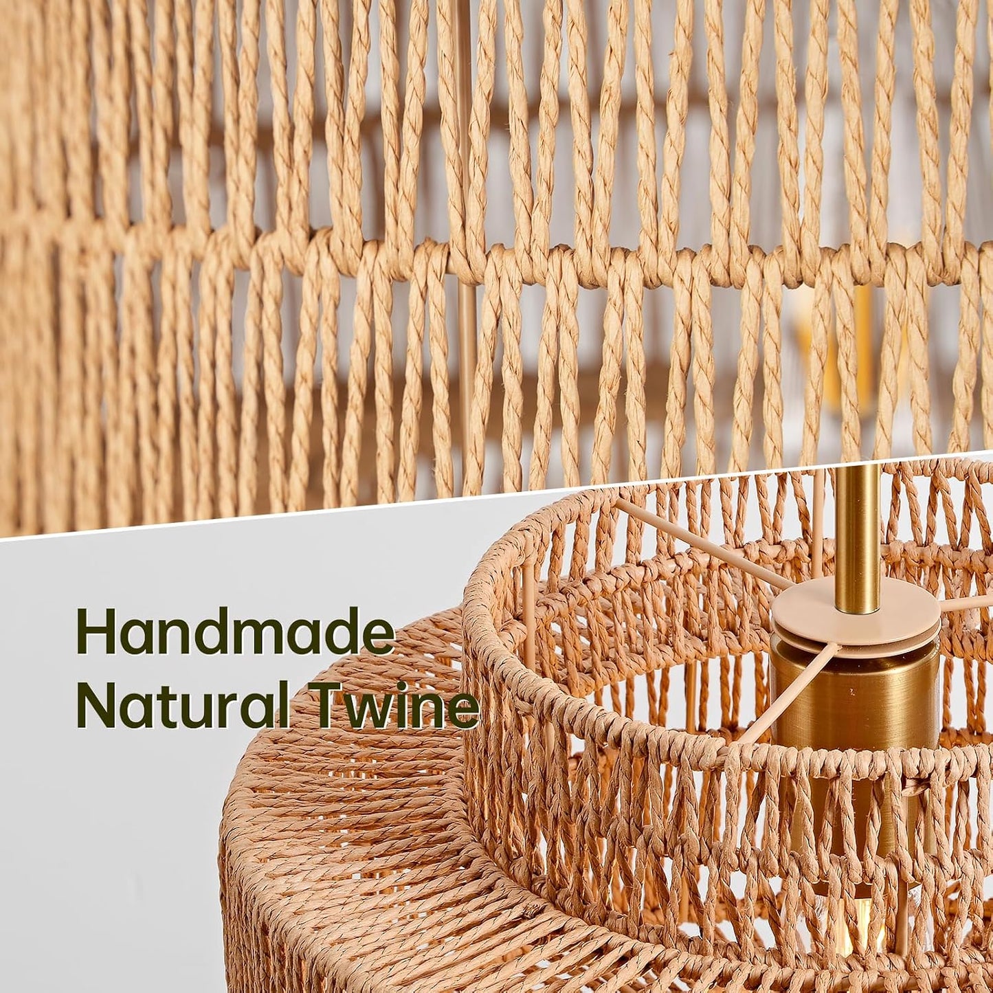 12.4" Rattan Pendant Light for Kitchen Island, Boho Chandelier | 1-Light, Hand Woven, No Assembly, Gold Hardware, Farmhouse Coastal Drum Wicker Light Fixture Dining Room Hallway Entryway