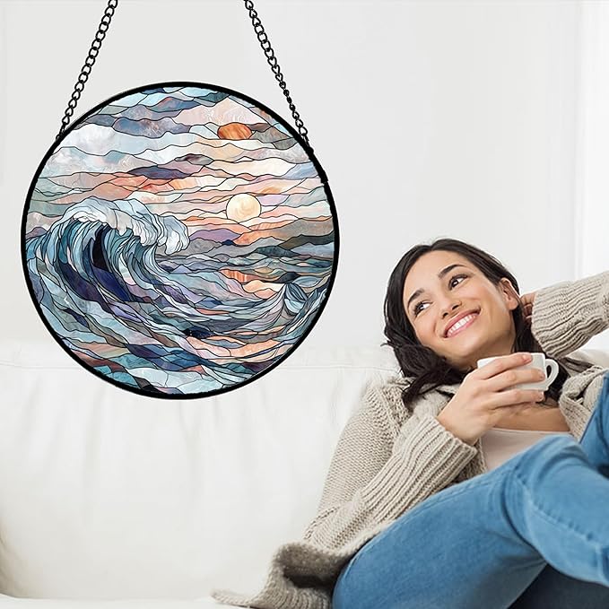 DASTOLL Stained Glass Window Hanging, Sunrise Waves Sun Catchers Diamond Glass - Image 2