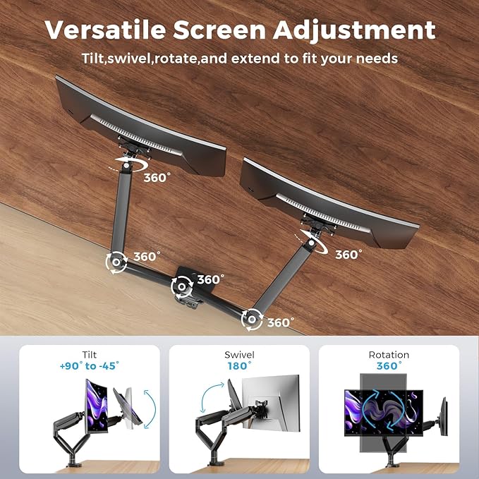 Curved Monitor Mount Dual Monitor Arm up to 35" Screens, Max 28.6lbs Each - Image 4