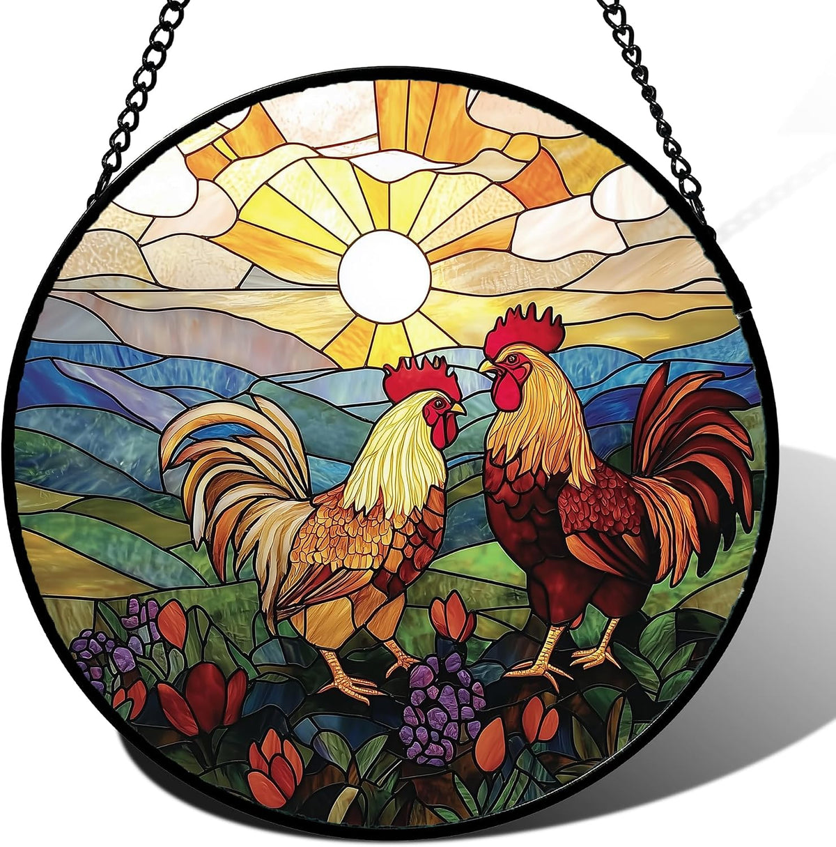 AMDERVEN Stained Glass Window Hanging, Countryside Scenery Chicken Sun Catcher