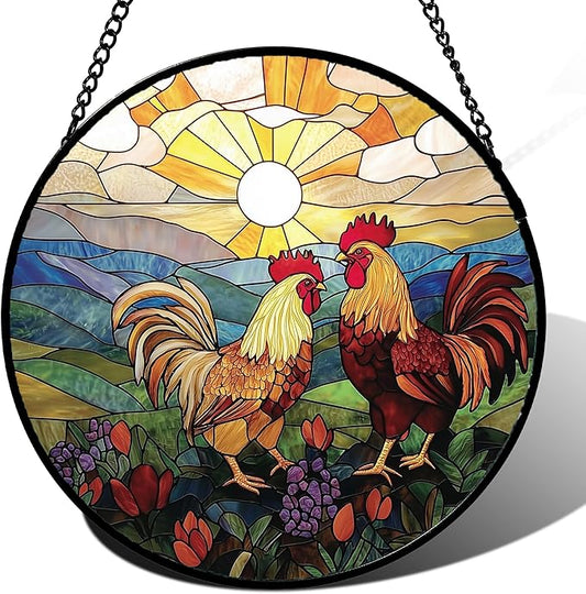 AMDERVEN Stained Glass Window Hanging, Countryside Scenery Chicken Sun Catcher by amderven