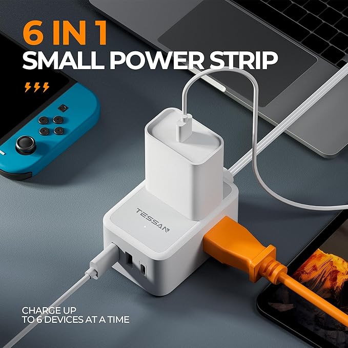 Short Flat Extension Cord, TESSAN Small Power Strip - Image 2