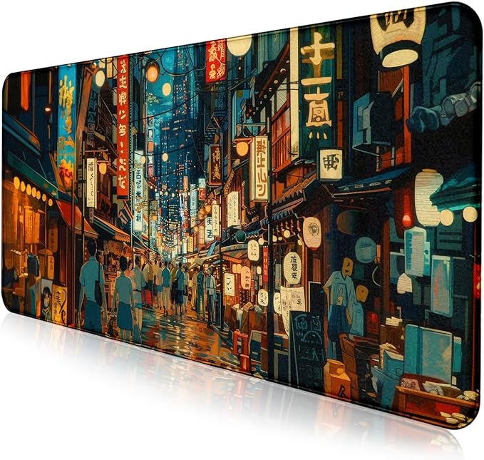 Cute Japanese Street Desk Mat, Anime Tokyo Street Night Scene Large Mouse Mat by LQFIWSS