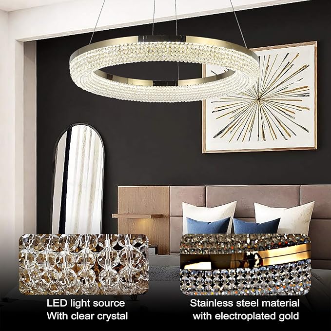 LYICYIU 23.6" Round Crysrtal Stainless Steel Pendant Lamp, 3Color LED Dimmable - Image 6