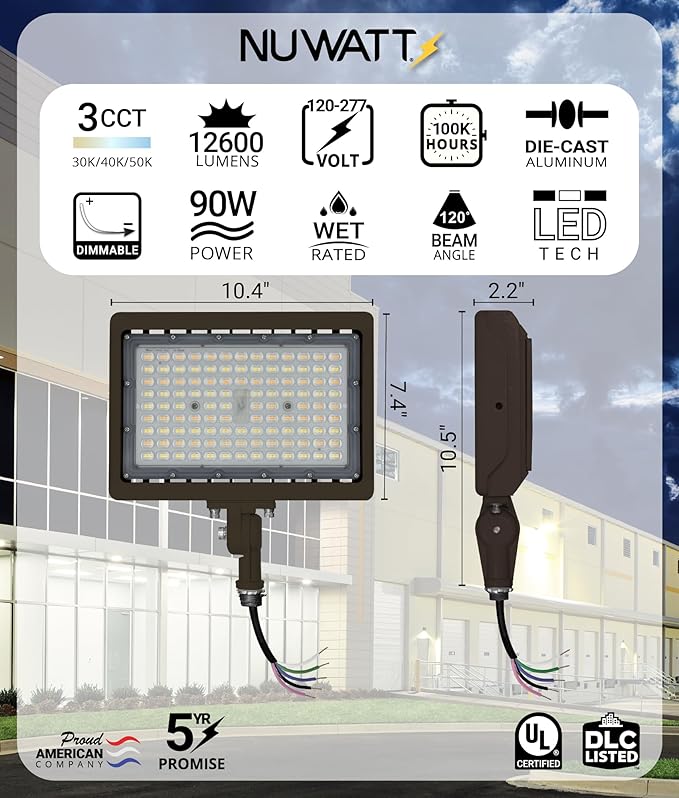 NUWATT 90W LED Flood Light, 3CCT 3000K/4000K/5000K Selectable, IP65 Waterproof - Image 2