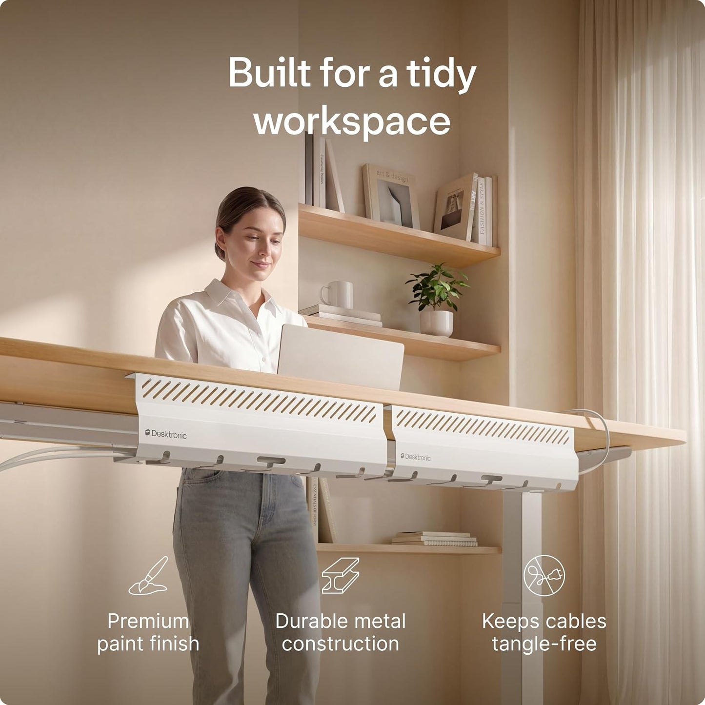 Desktronic Cable Duct Desk White Set of 2 - Stainless Steel Cable Management Desk Cable Duct with 5 Cable Cut-Outs - Easy to Install Cable Organiser - Cable Holder