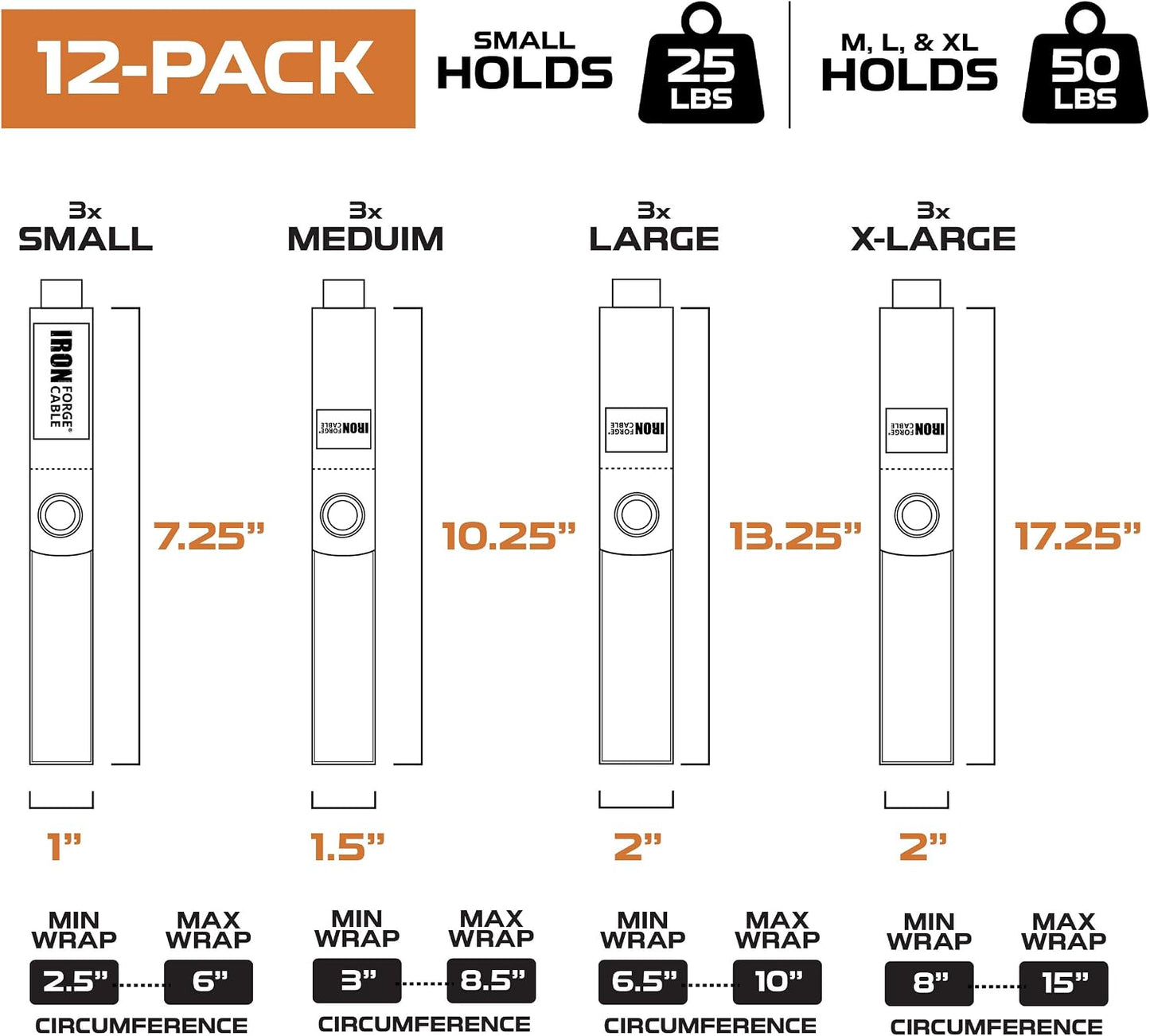 Iron Forge Cable Extension Cord Wrap Organizer, 12 Pack Storage Straps | Multi-Pack, 3 small, 3 medium, 3 large, and 3 XL, Hanger Wraps for Power Cables, Hoses, Ropes, and More
