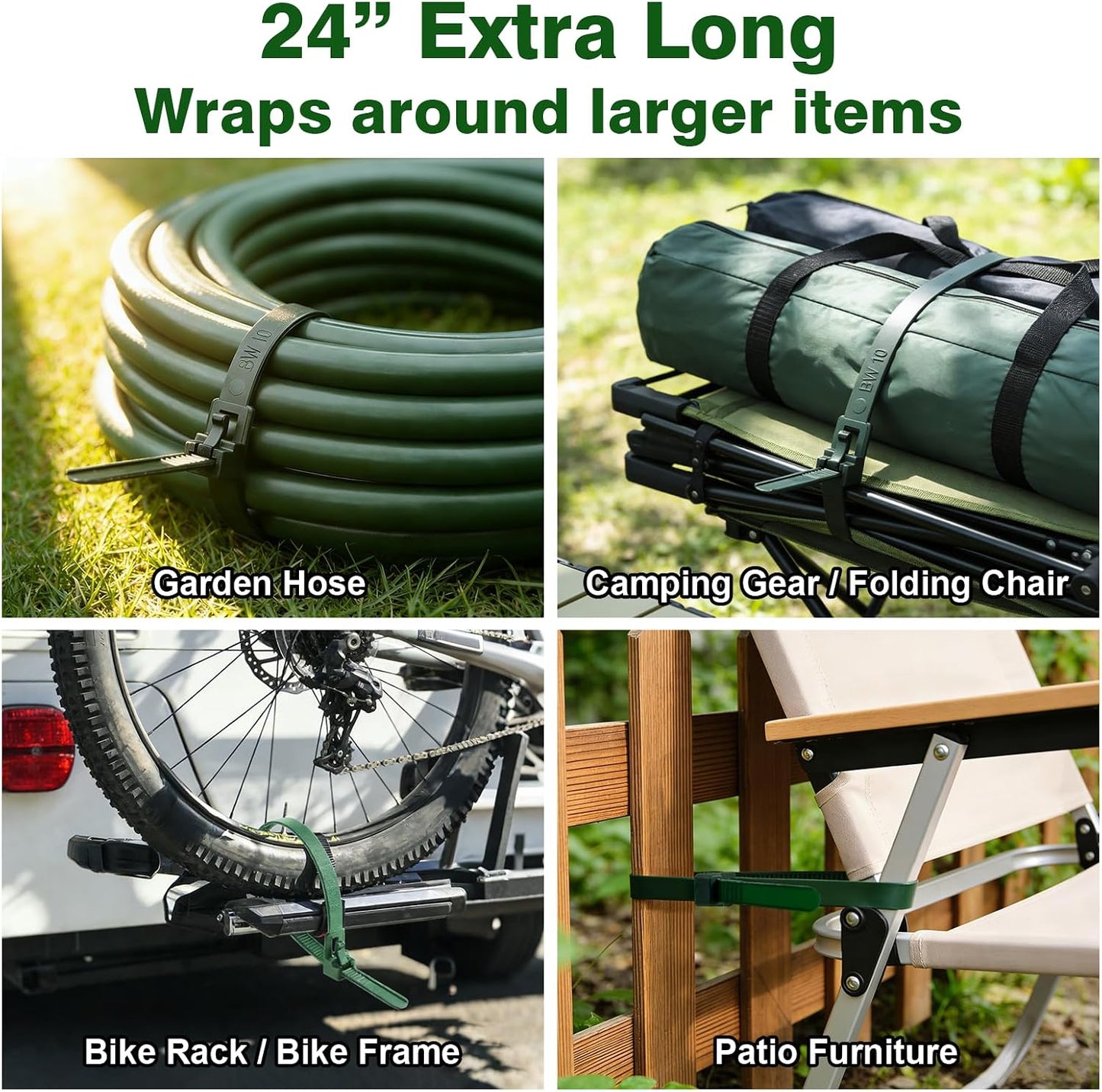 100 Pack Reusable Zip Ties 24 Inch Extra Long Cable Ties Dark Green | Reusable Trigger Release / Industrial Nylon / UV Resistant / Non-Slip Self-Locking / Round Ends No Hurt / Extra Long 24"