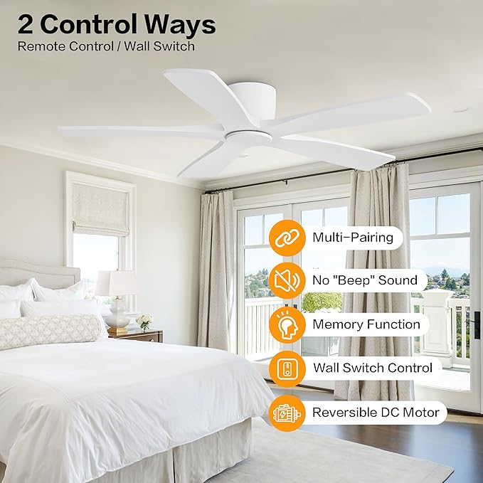WINGBO 54" Flush Mount DC Ceiling Fans Without Lights, 5 Carved Solid Wood - Image 2