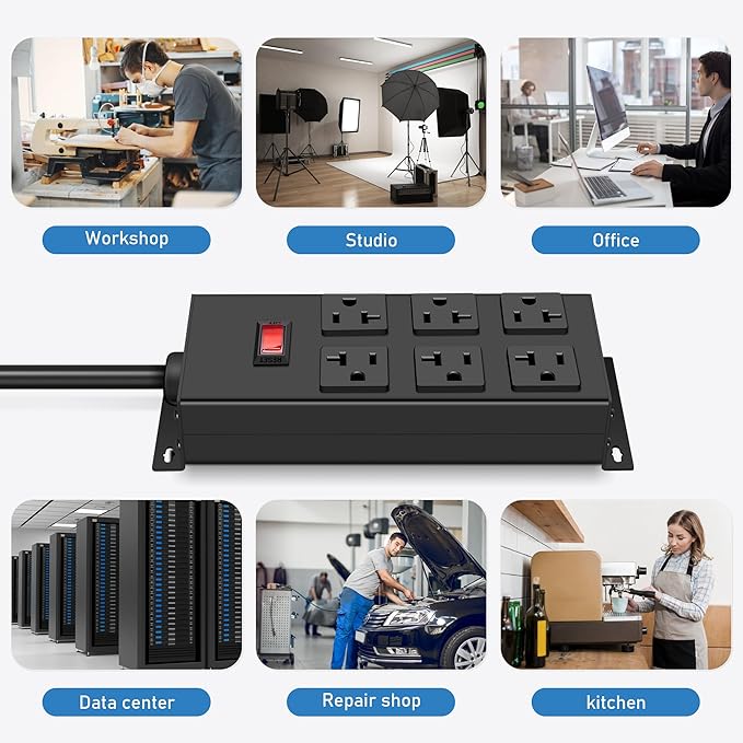 JUNNUJ 20 Amp Power Strip Heavy Duty 2 Pack, Garage 6 Outlets Metal 12 Gauge - Image 7