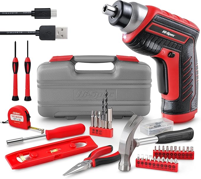 Hi-Spec 35pc Red Tool Kit with 3.6V USB Electric Screwdriver and Drill Set. by Hi-SpecToolsUSA