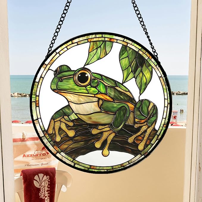 DASTOLL Stained Glass Window Hanging, Frog Green Leaf Sun Catchers Colorful - Image 3