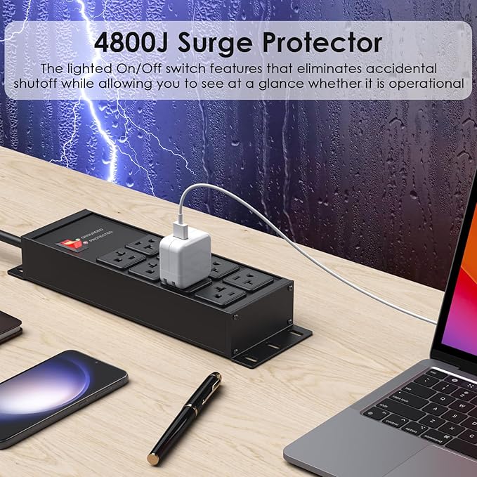 JUNNUJ Heavy Duty 20 Amp Surge Protector 4800J, Garage Metal 8 Outlets 12 Gauge - Image 4