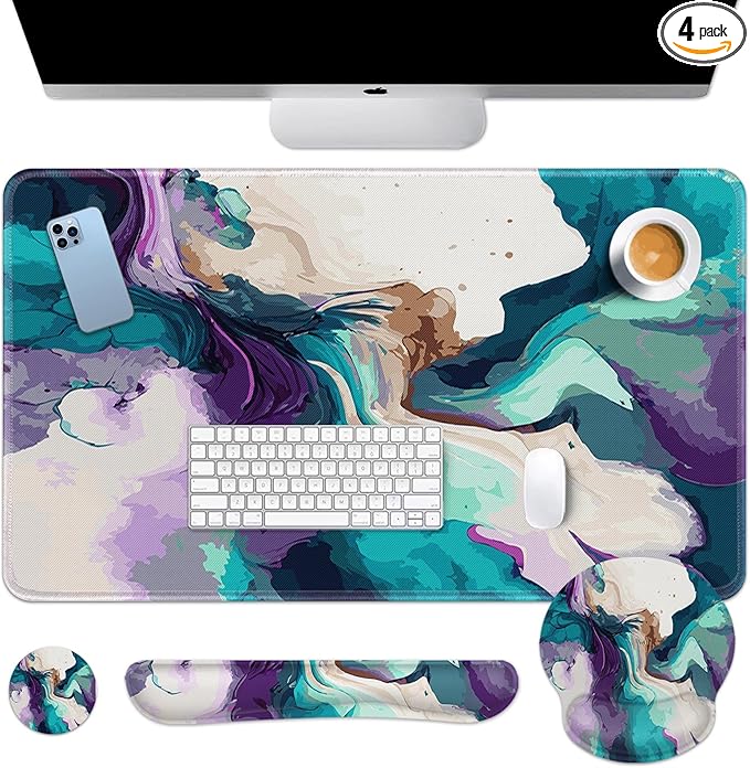 Britimes Teal and Purple Liquid Marbling Keyboard Mouse Pad Set 4in1 Large by Britimes