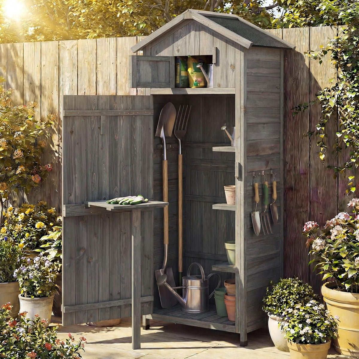 ironmax outdoor wooden storage shed with folding table, main product view