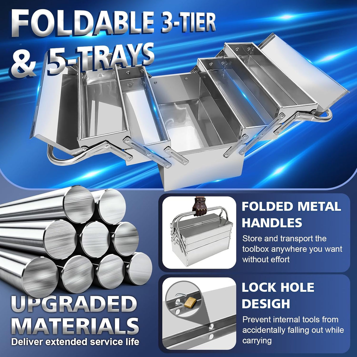 metal cantilever tool box, 3-tier 5 tray fold, close-up detail