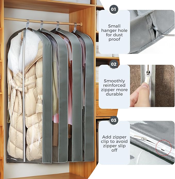 6 Pcs 60" Garment Bags for Hanging Clothes, Garment Bags Shoulder Covers - Image 5