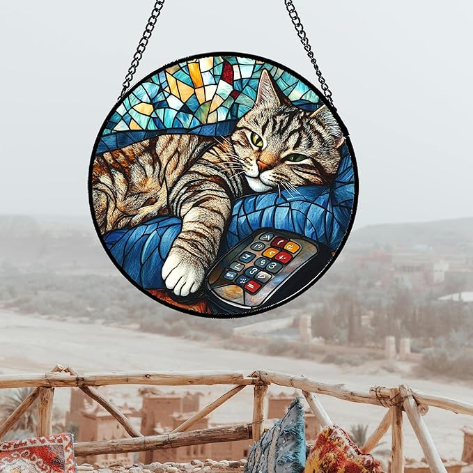 DASTOLL Stained Glass Window Hanging Gray Cat and Remote Control Large 15" - Image 5