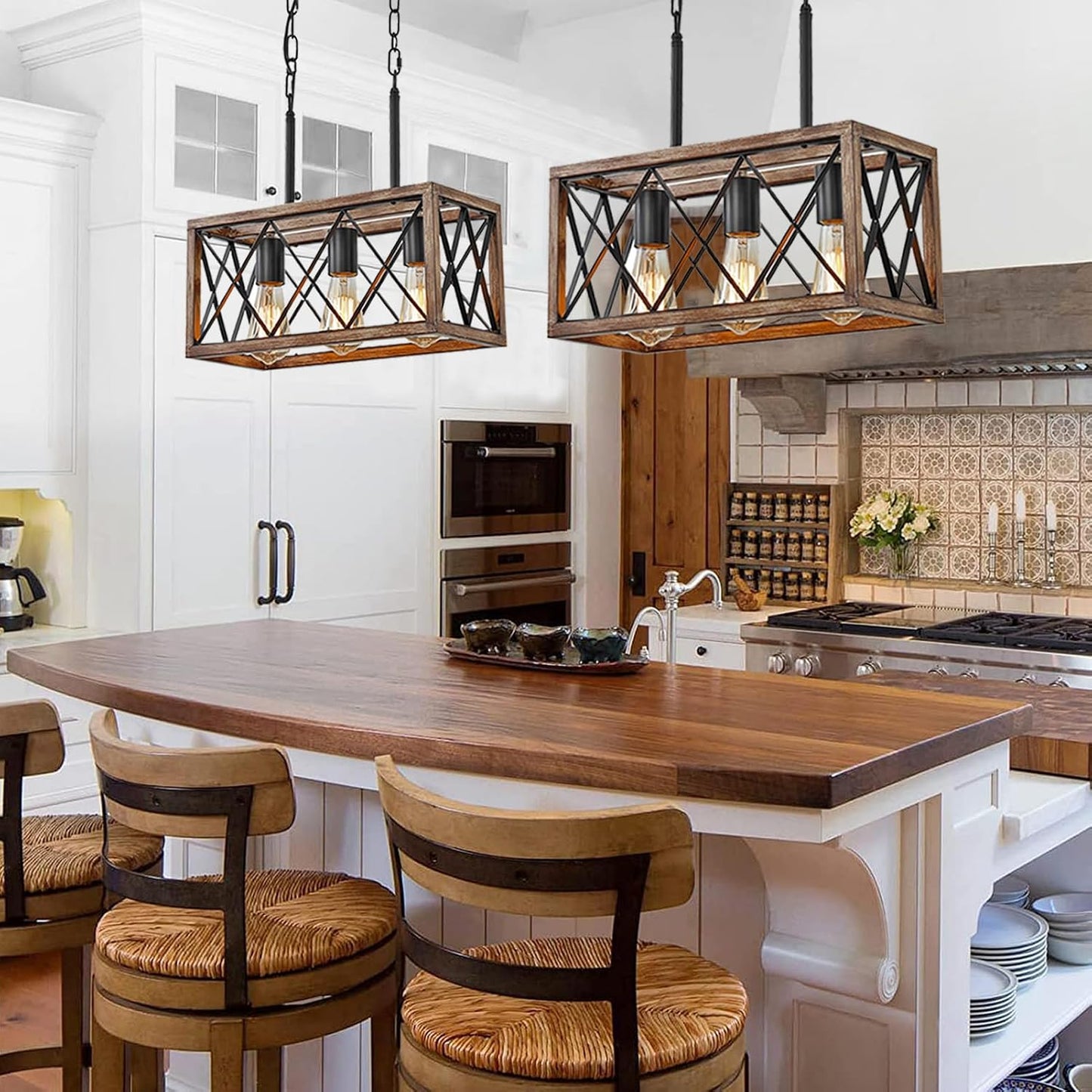 Farmhouse Light Fixtures,3-Light Dining Room Light Fixture,Industrial Metal Kitchen Pendant Lighting Over Island, Chandelier for Dining Table Kitchen Sink, Wood Grain Finish.