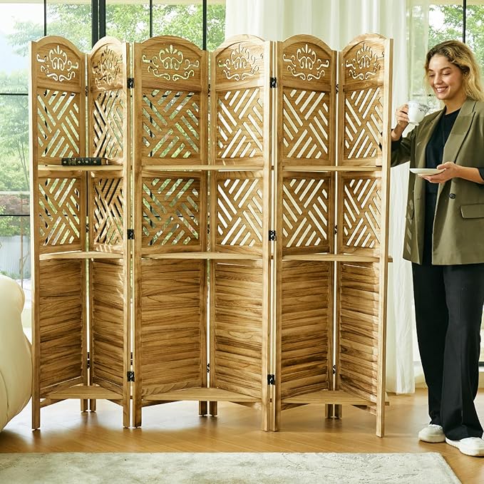 Svimi Room Divider with Shelves, 68.9inch Wood Carved and Louvered Wall Divider by Svimi