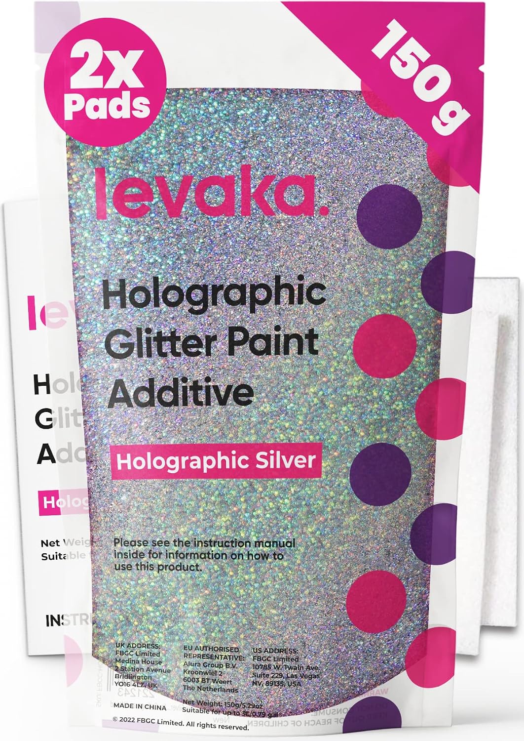 Levaka Glitter Paint Additive for Walls, Holographic Silver Glitter, 5.3oz | Glitter for paint, mixes into any emulsion for painting walls and ceilings, 2 buffing pads, luminous interior finish