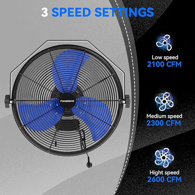 2600 CFM 14 inch Outdoor High Velocity Wall Mounted Fan, 3-Speed Metal Fans - Image 2