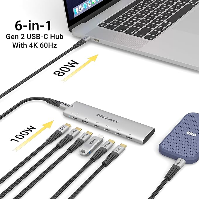 EZQuest USB-C Slim Gen 2 Hub Adapter 6-in-1 1 USB-C 4K/60Hz Video, 4 USB-C Gen - Image 3