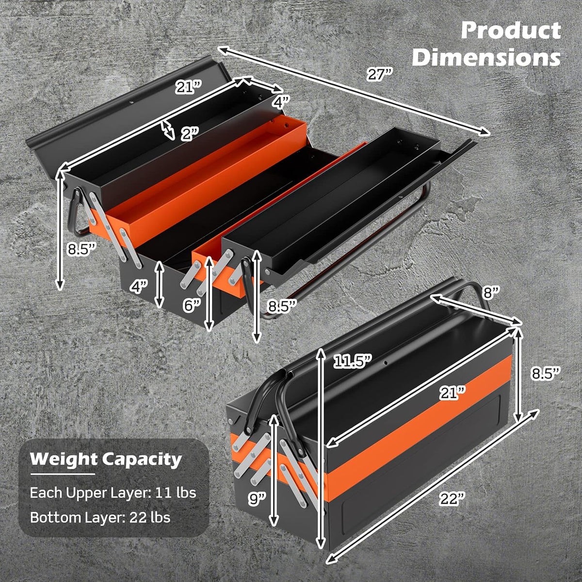 goplus 22-inch metal tool box, 3-layer 5-tray portable, package contents