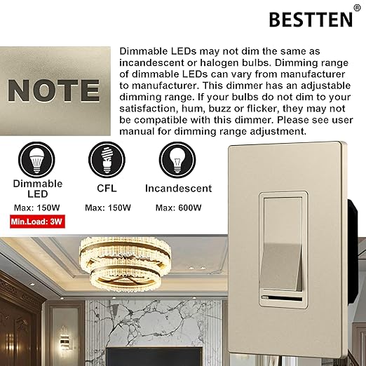 BESTTEN 5 Pack Matte Champagne Gold Dimmer Light Switch, Single Pole or 3-Way - Image 4