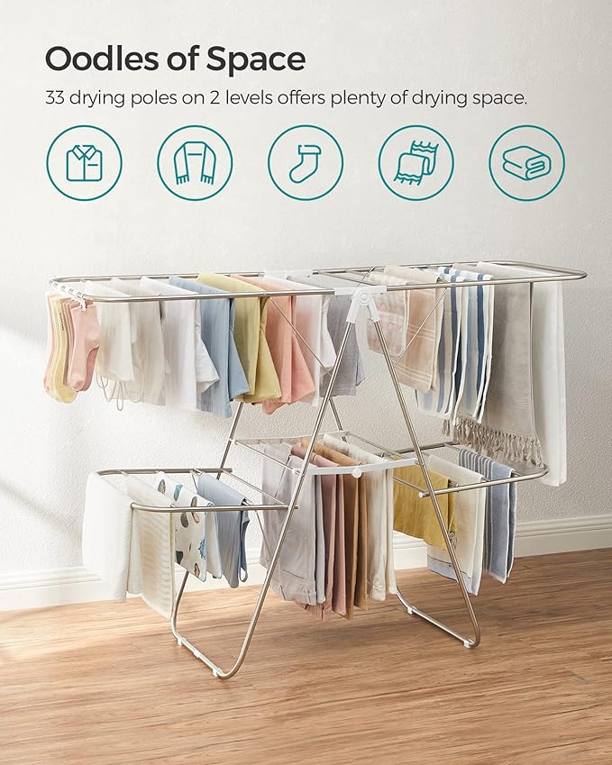 SONGMICS Clothes Drying Rack, Foldable 2-Level Laundry Drying Rack, - Image 3