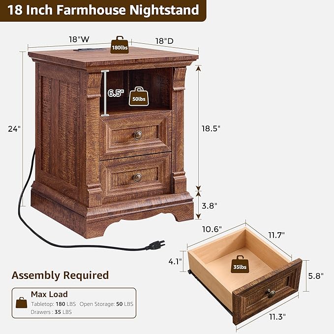 Farmhouse Nightstand with Charging Station, Wooden Sofa Table w/Roman Column - Image 2