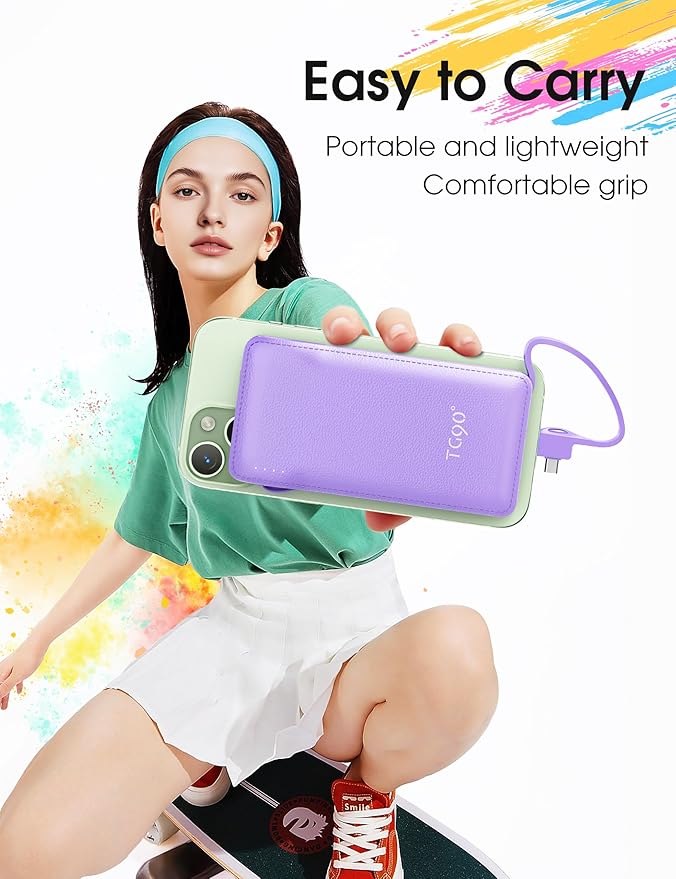 TG90° Portable Charger, 10000mAh Power Bank Built-in Cables and AC Wall Plug - Image 5
