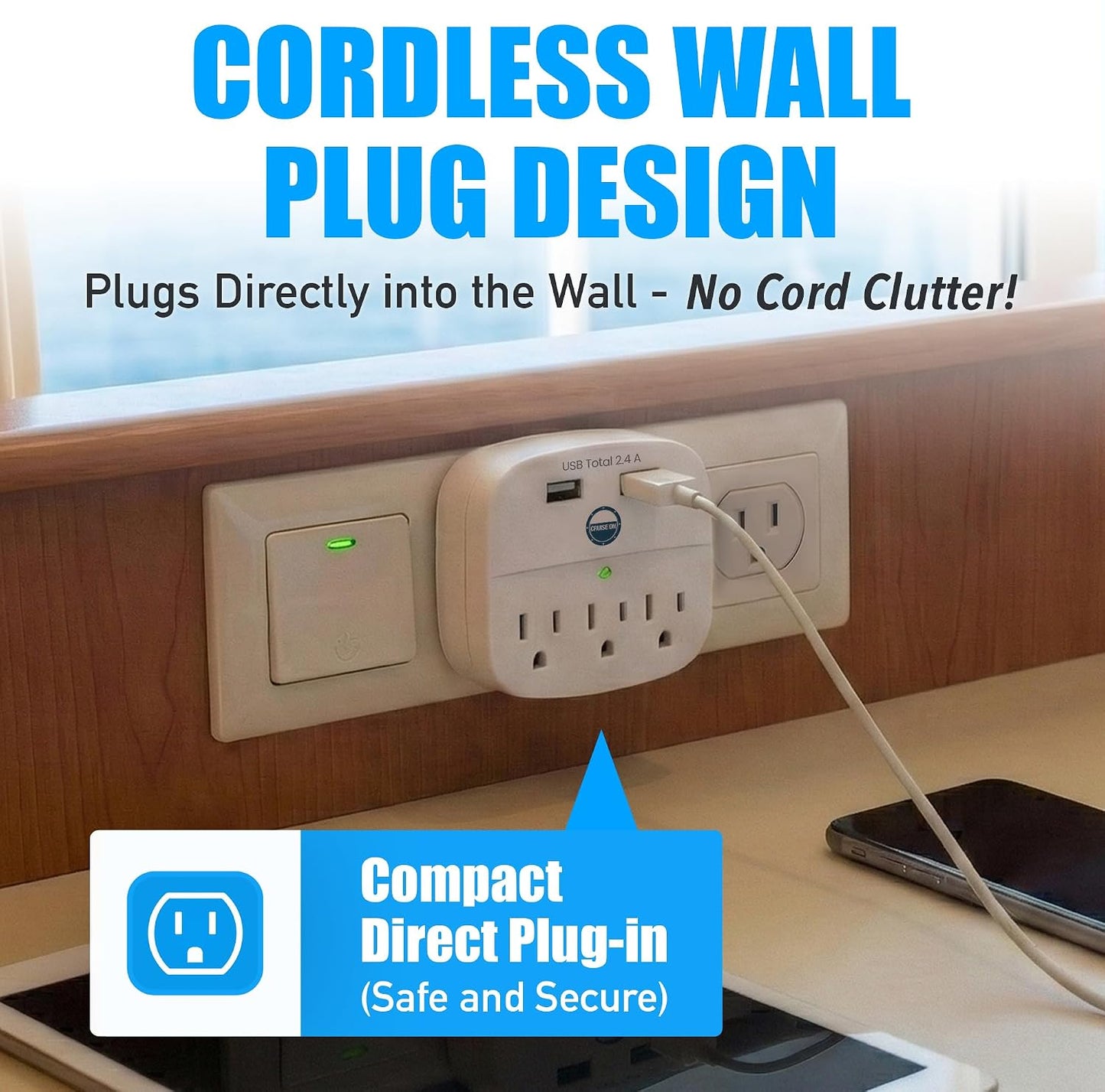 Cruise Approved Power Strip - Non Surge Protector for Cruise Ship with 2 USB Outlets - Cruise Ship Essentials 2026 for Carnival, Princess, Norwegian, Holland America, MSC & Major Cruise Lines (White)