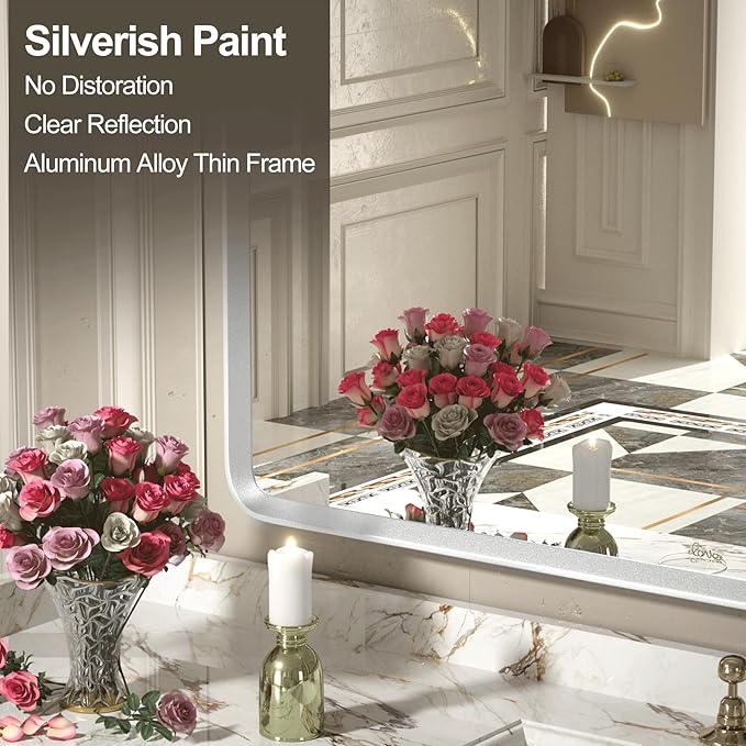 30x36 Inch Silver Bathroom Mirror, Brushed Silver Metal Frame Mirror, Rounded - Image 3