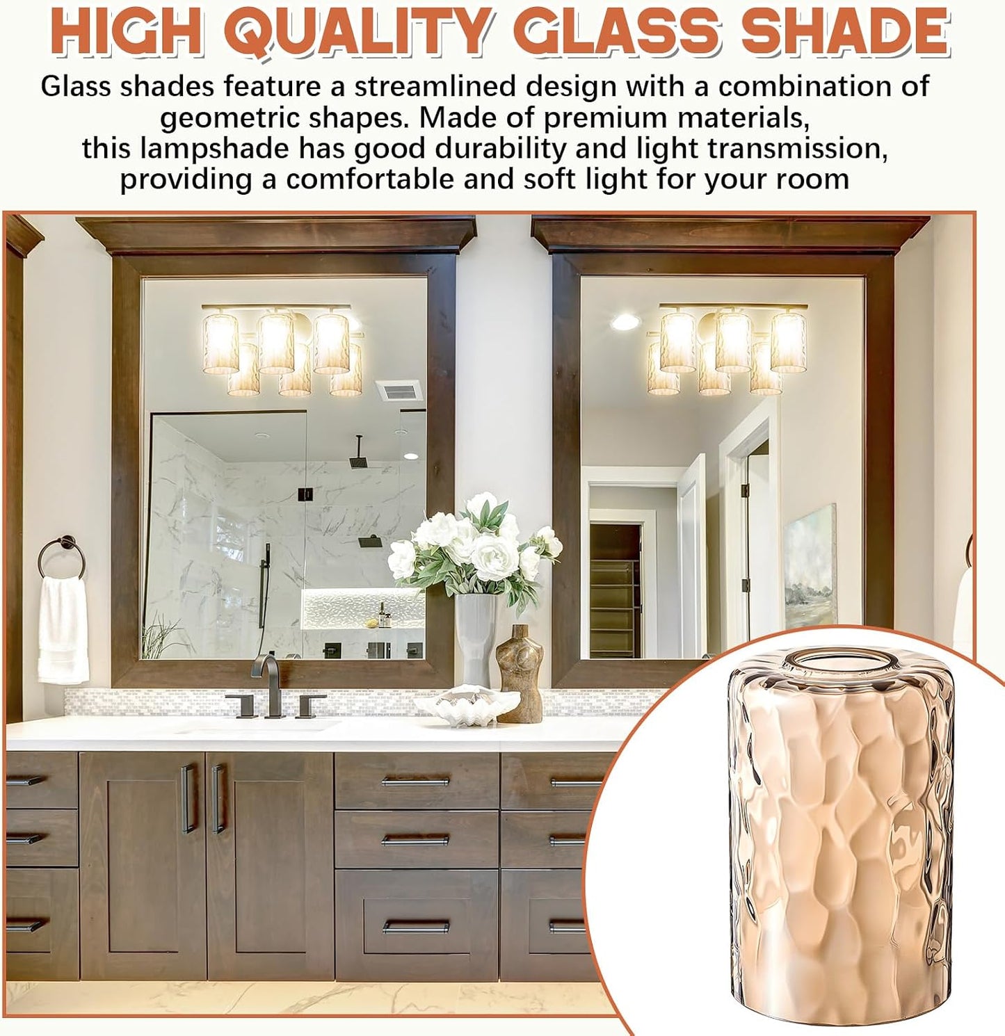 Teenyyou 3 Pcs Amber Hammered Glass Shade Replacements for Pendant Light Fixtures Glass Lamp Shade Cover, 1-5/8 Inch Fitter Base, 4"w x 6"h, Replacement Lamp Globe for Chandelier Wall Sconce