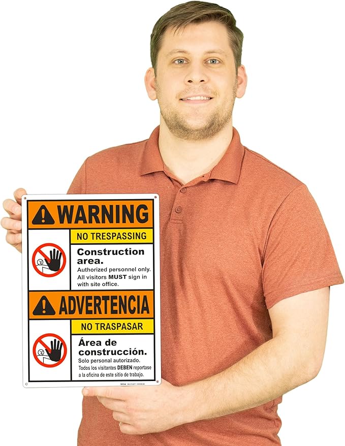 Brimar - 10" x 14" - Bilingual Warning Construction Area No Trespassing Sign - - Image 3