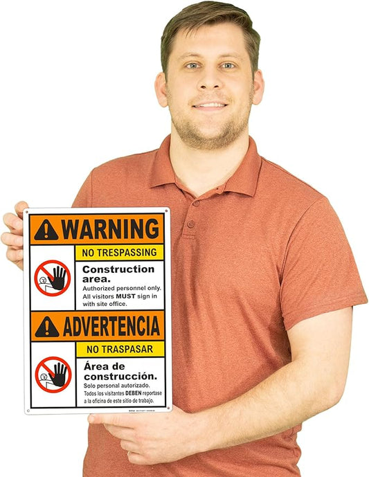 Brimar - 10" x 14" - Bilingual Warning Construction Area No Trespassing Sign - - Image 3
