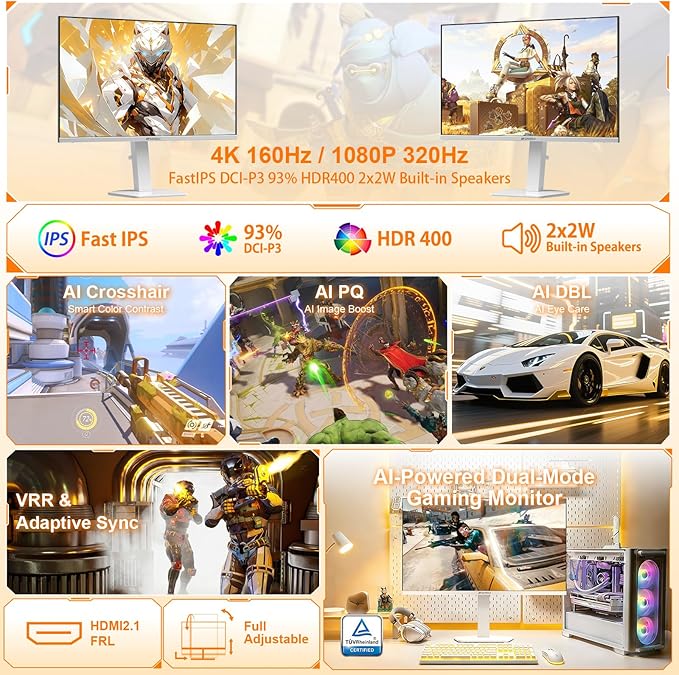 SANSUI 27" 4K Gaming Monitor, UHD 160Hz or FHD 320Hz Dual Mode PC Monitor- Fast - Image 2