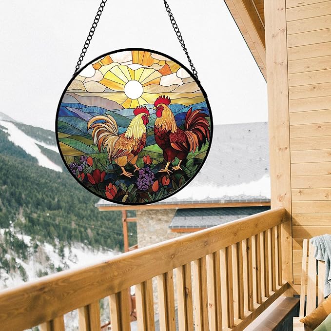 AMDERVEN Stained Glass Window Hanging, Countryside Scenery Chicken Sun Catcher - Image 4