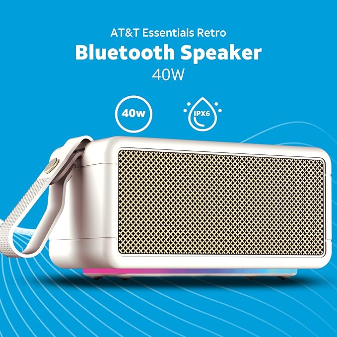 AT&T Essentials Retro 40W Bluetooth Speaker, IPX6 Waterproof, LED Light Modes - Image 2